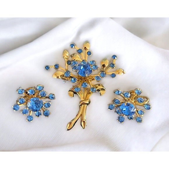 Coro Blue Starburst Brooch & Earrings Set Rare Estate Signed Mid Century 3 Piece - Picture 2 of 10